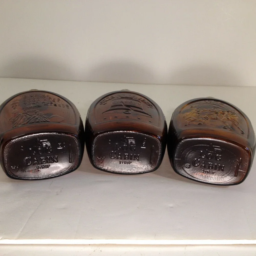 (3) Vintage Log Cabin Syrup USA Bicentennial Amber Glass Bottle 1976  Lot of 3